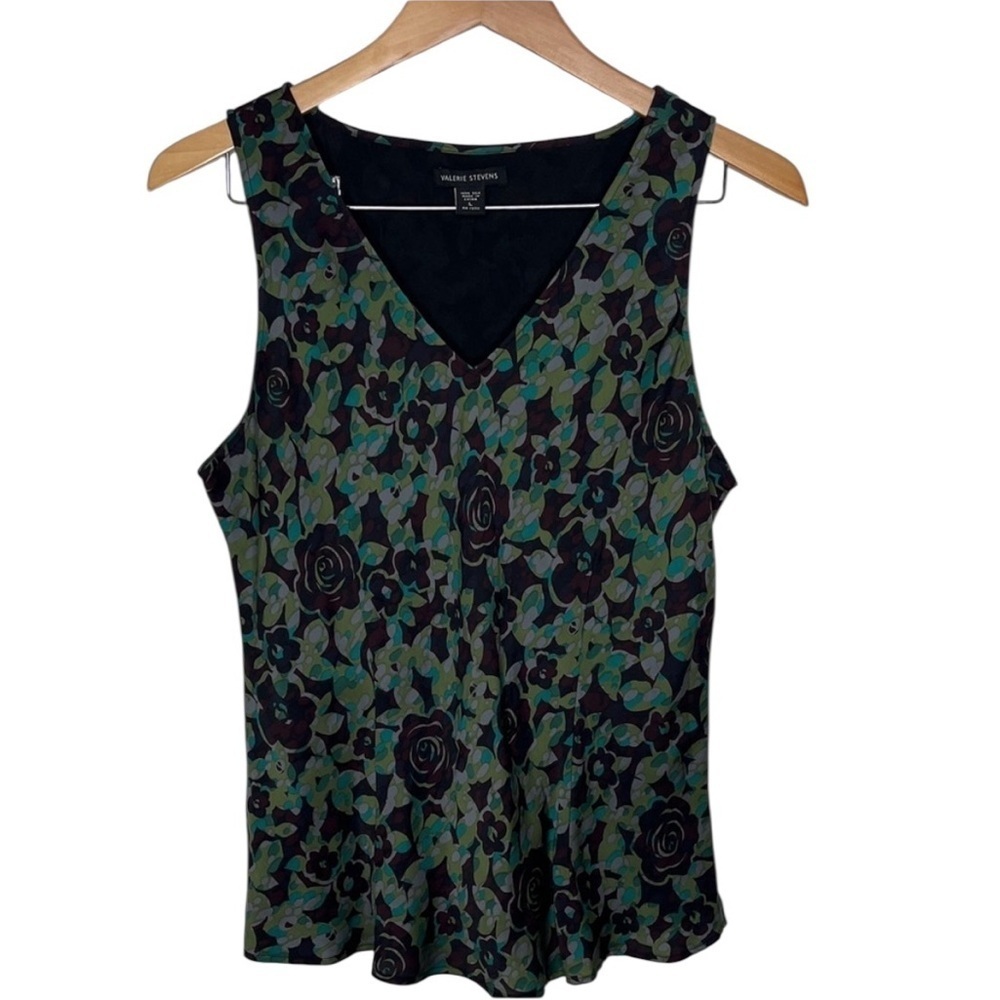 Valerie Stevens Black Green Abstract Sleeveless Silk Top Women Size L